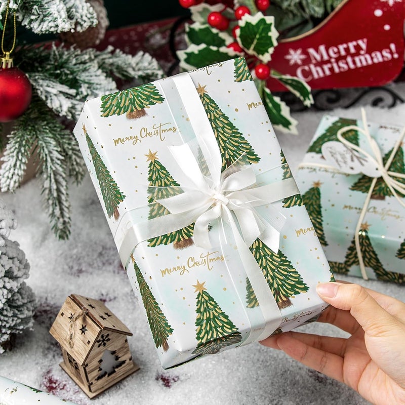 Retrify Reversible Christmas Wrapping Paper - Green Christmas Tree Design Metallic Gold Foil Shine Gift Wrap Paper for Holiday Shower Party Celebration - 17 Inch x 32.8 Feet Mini Roll - Image 3